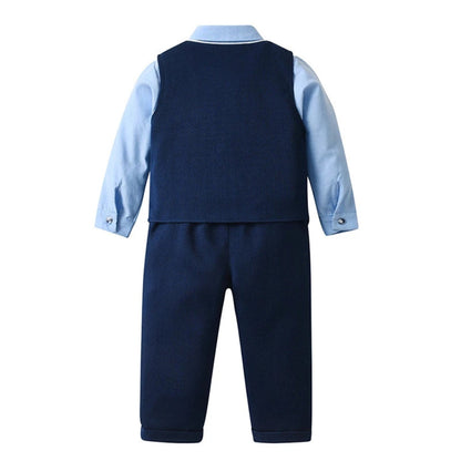 Elegante completo da 3 pezzi per bambino – Camicia blu, gilet e pantaloni con papillon