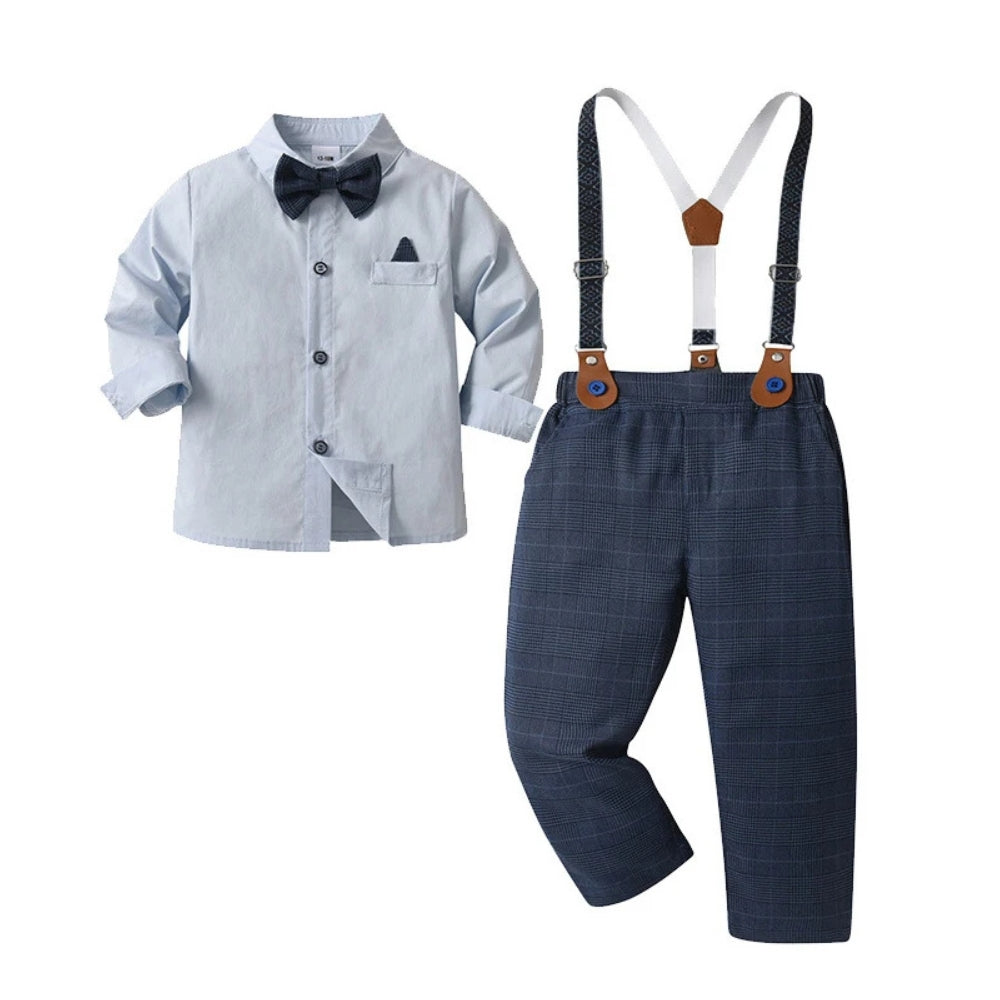 Elegante completo da 3 pezzi per bambino – Camicia blu, gilet e pantaloni con papillon