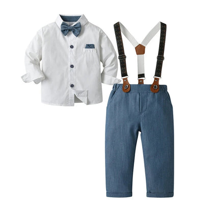 Elegante completo da 3 pezzi per bambino – Camicia blu, gilet e pantaloni con papillon