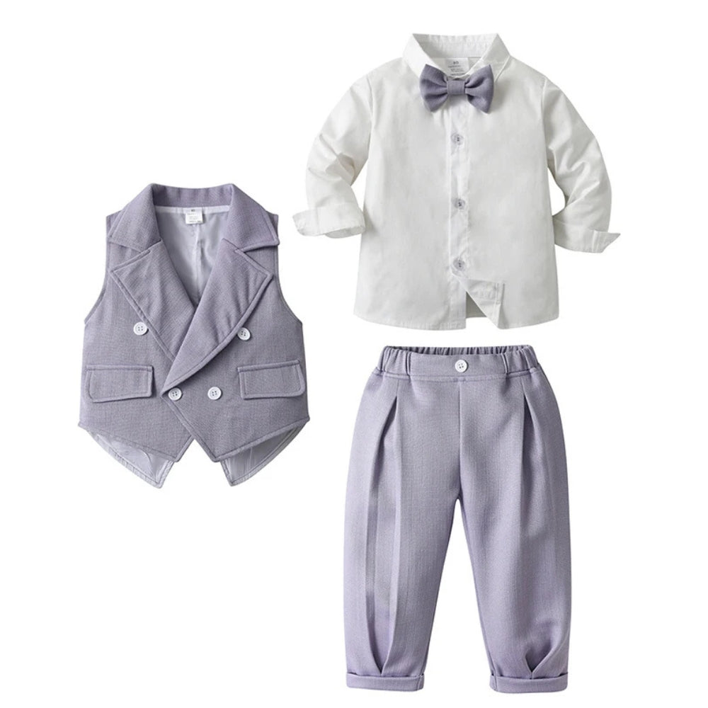 Elegante completo da 3 pezzi per bambino – Camicia blu, gilet e pantaloni con papillon