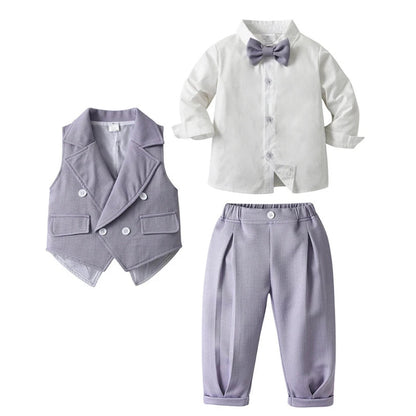 Elegante completo da 3 pezzi per bambino – Camicia blu, gilet e pantaloni con papillon