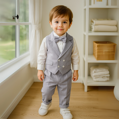 Elegante completo da 3 pezzi per bambino – Camicia blu, gilet e pantaloni con papillon