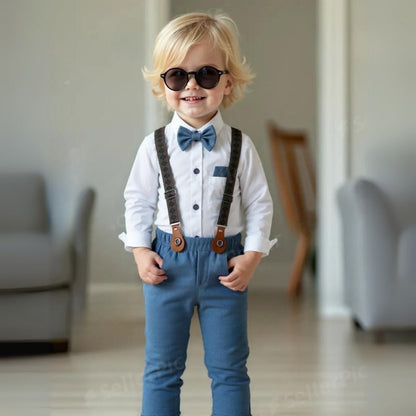 Elegante completo da 3 pezzi per bambino – Camicia blu, gilet e pantaloni con papillon