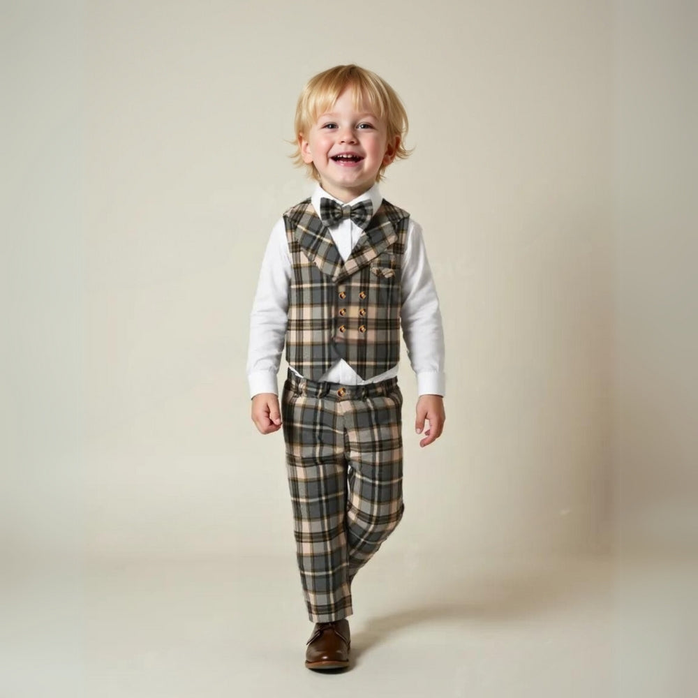 Elegante completo da 3 pezzi per bambino – Camicia blu, gilet e pantaloni con papillon