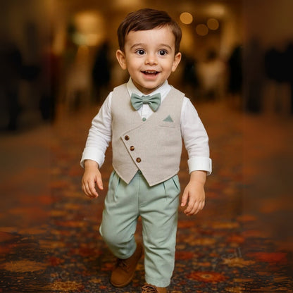 Elegante completo da 3 pezzi per bambino – Camicia blu, gilet e pantaloni con papillon