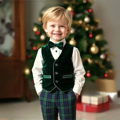 Elegante completo da 3 pezzi per bambino – Camicia blu, gilet e pantaloni con papillon