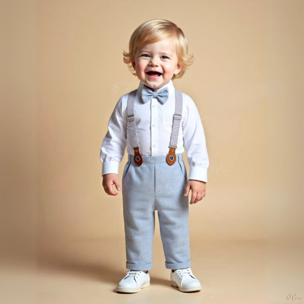 Elegante completo da 3 pezzi per bambino – Camicia blu, gilet e pantaloni con papillon