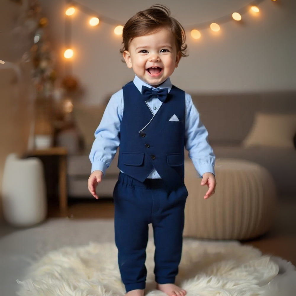 Elegante completo da 3 pezzi per bambino – Camicia blu, gilet e pantaloni con papillon