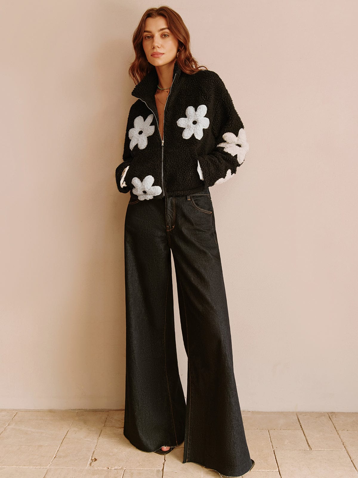 Teddy Coat with Floral Print and Zip Closure for Women