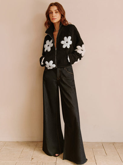 Teddy Coat with Floral Print and Zip Closure for Women