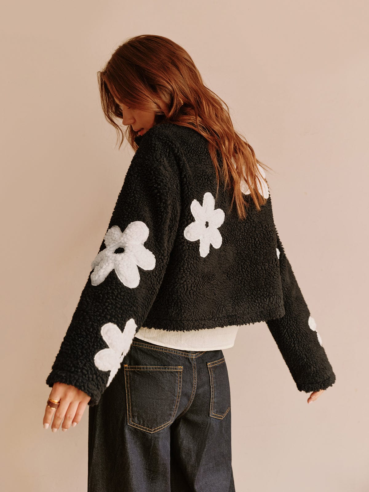 Teddy Coat with Floral Print and Zip Closure for Women
