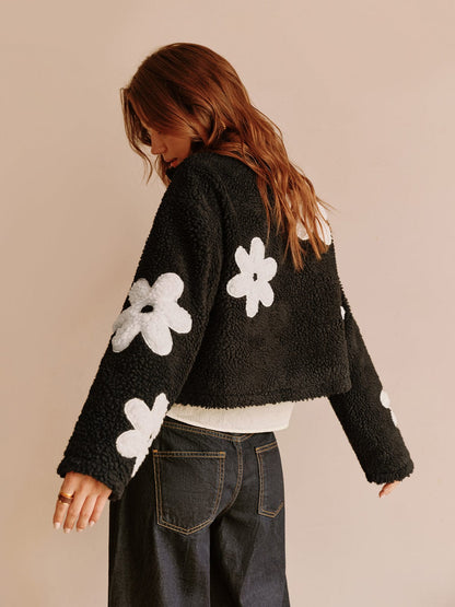 Teddy Coat with Floral Print and Zip Closure for Women