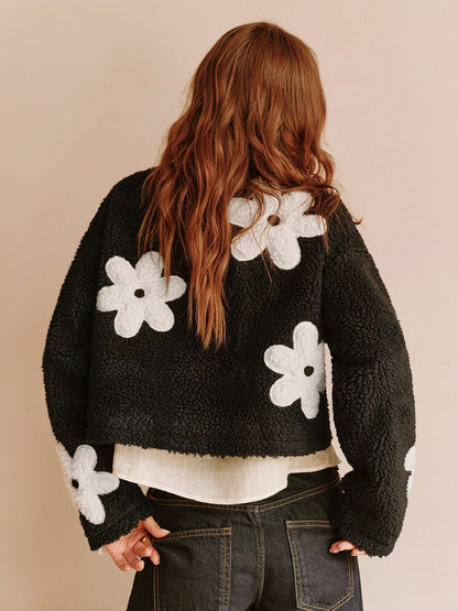 Teddy Coat with Floral Print and Zip Closure for Women