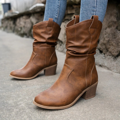 Brown Leather Boots with Comfortable Heel for Autumn/Winter