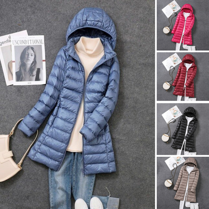 Long Down Jacket with Detachable Hood for Women