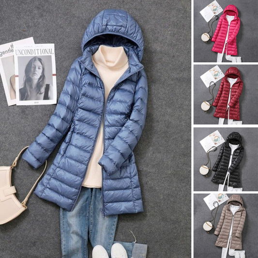 Lange Daunenjacke für Damen mit abnehmbarer Kapuze
