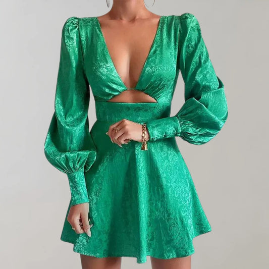 Elegantes Midikleid mit V-Ausschnitt und Laternenärmeln – Lora