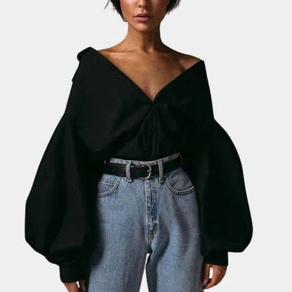 Ladies Oversized Blouse with Deep V-Neck and Statement Sleeves