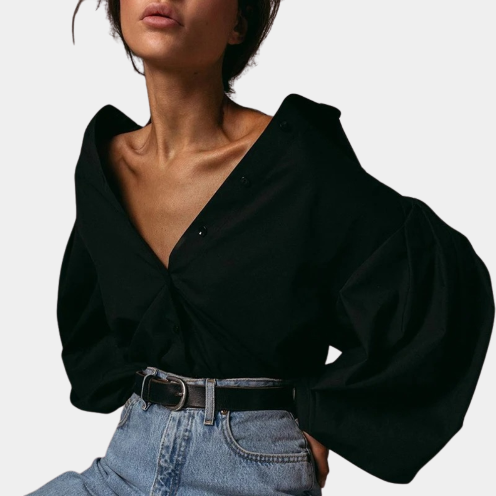 Ladies Oversized Blouse with Deep V-Neck and Statement Sleeves