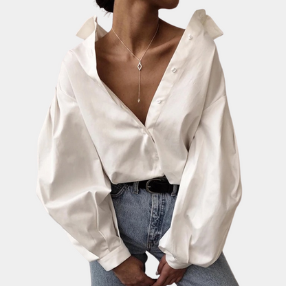 Ladies Oversized Blouse with Deep V-Neck and Statement Sleeves
