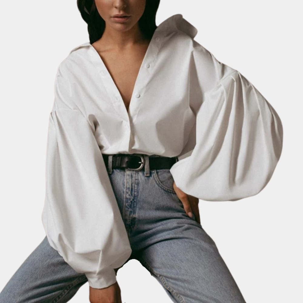 Ladies Oversized Blouse with Deep V-Neck and Statement Sleeves