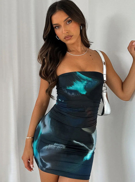 Mini abito senza spalline da donna con stampa astratta