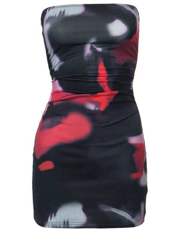 Mini abito senza spalline da donna con stampa astratta