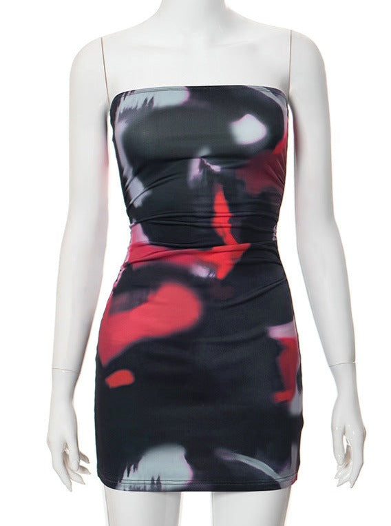Mini abito senza spalline da donna con stampa astratta
