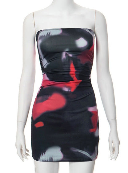 Mini abito senza spalline da donna con stampa astratta