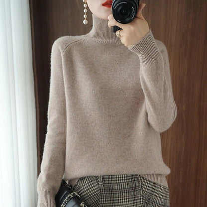 Ladies' Warm Turtleneck Sweater with Flexible Neck and Ribbed Edges