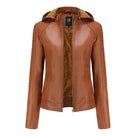 Leather Ladies Jacket with Removable Hood and Zipper
