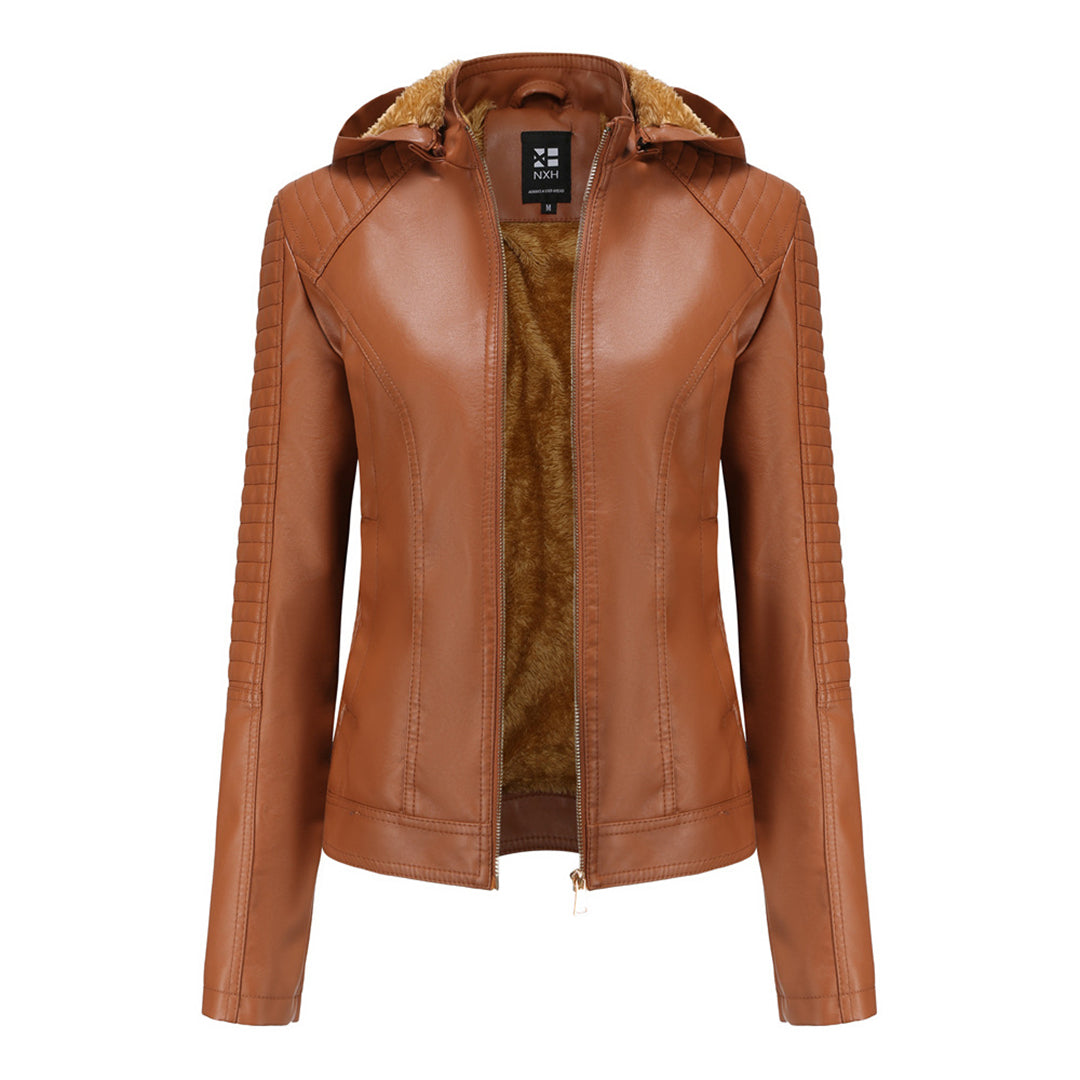 Leather Ladies Jacket with Removable Hood and Zipper