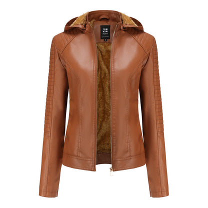 Leather Ladies Jacket with Removable Hood and Zipper