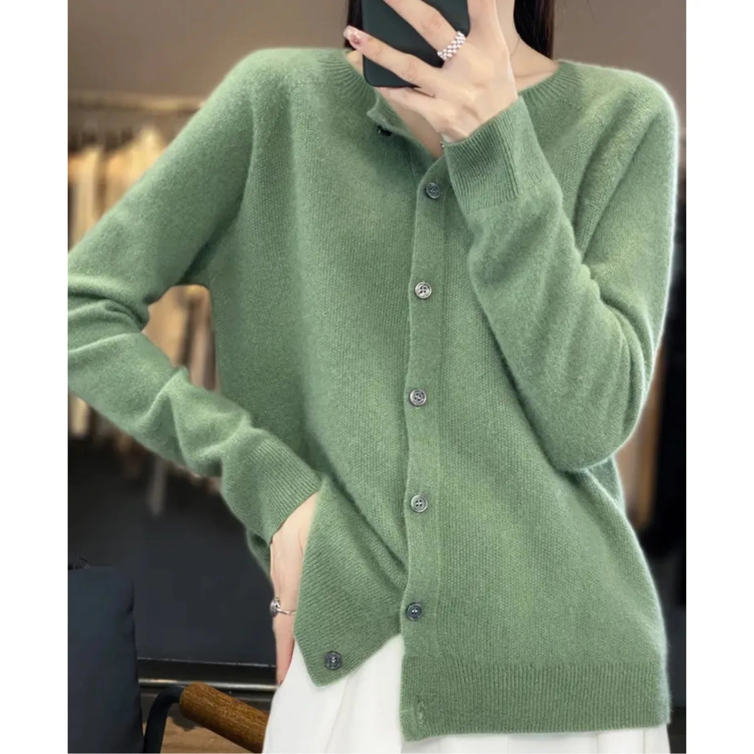 Merino Wool Cardigan with Button Closure and Long Sleeves