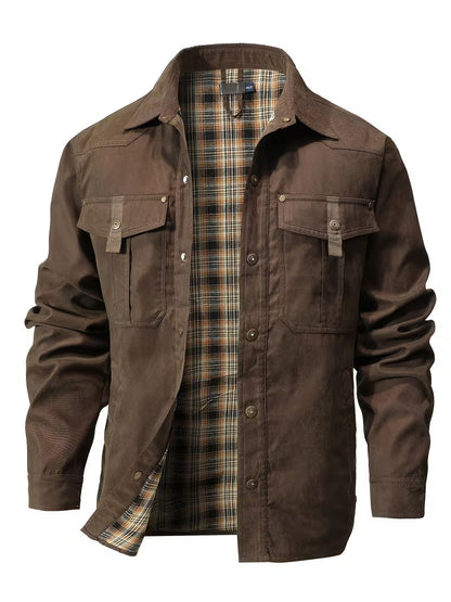 Cargo jacket with lapel collar and button closure
