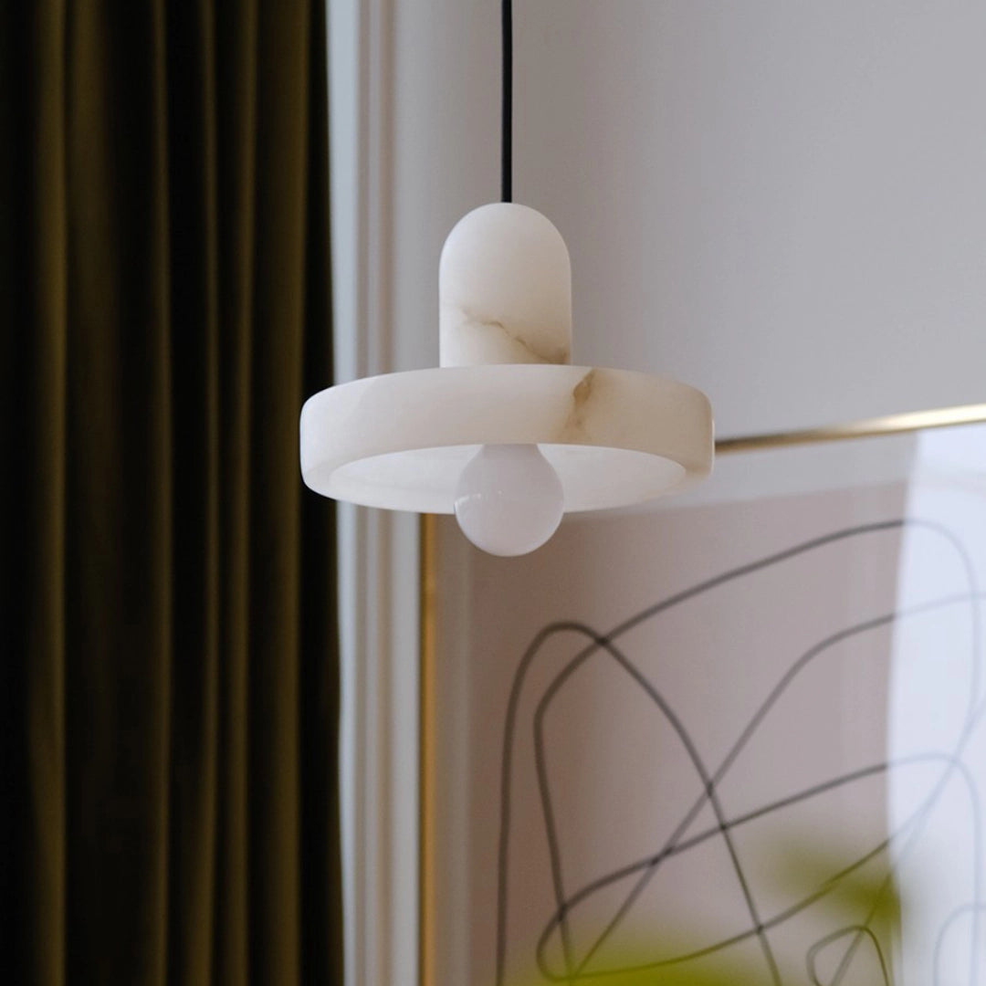 Modern White Alabaster Pendant Lamp with Marble Shade
