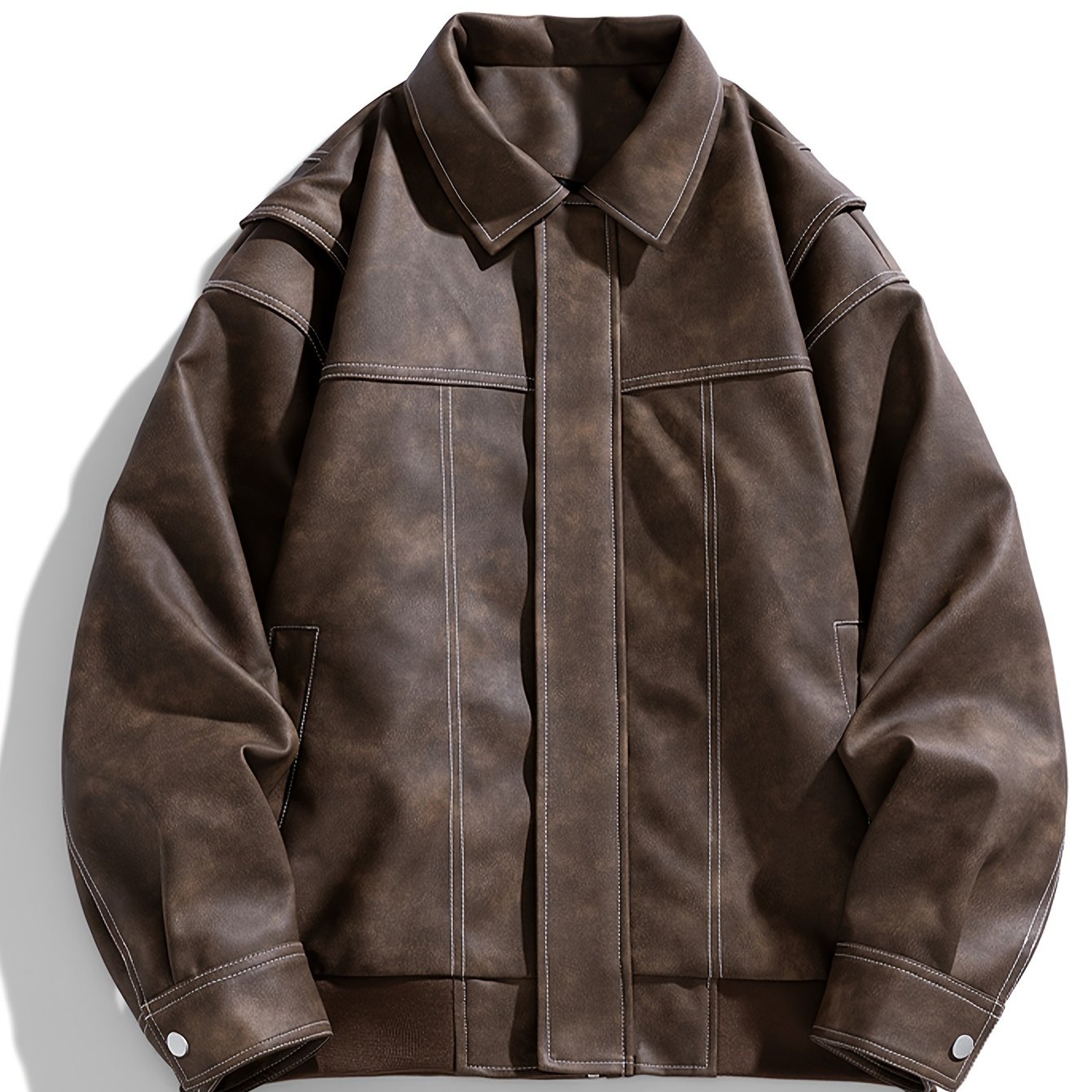 Cas | Men's Casual Faux Leather Jacket with Flap Collar & Pockets