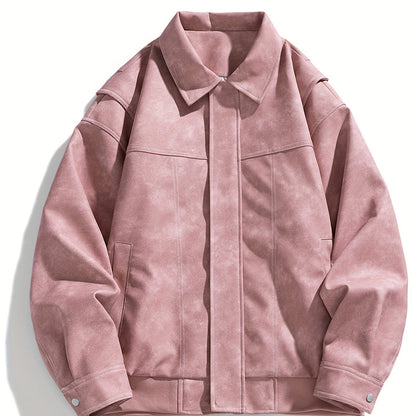 Cas | Men's Casual Faux Leather Jacket with Flap Collar & Pockets