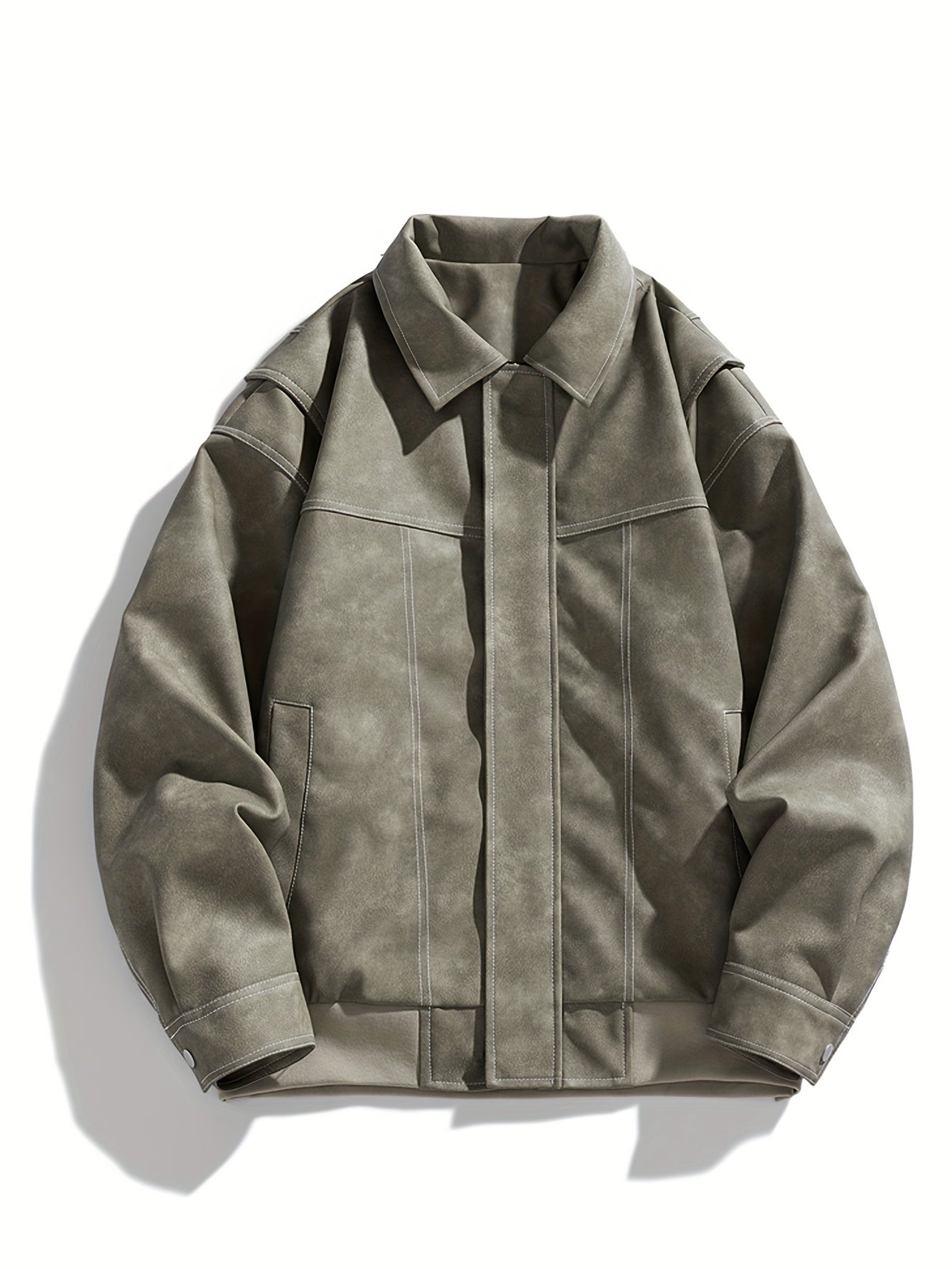 Cas | Men's Casual Faux Leather Jacket with Flap Collar & Pockets