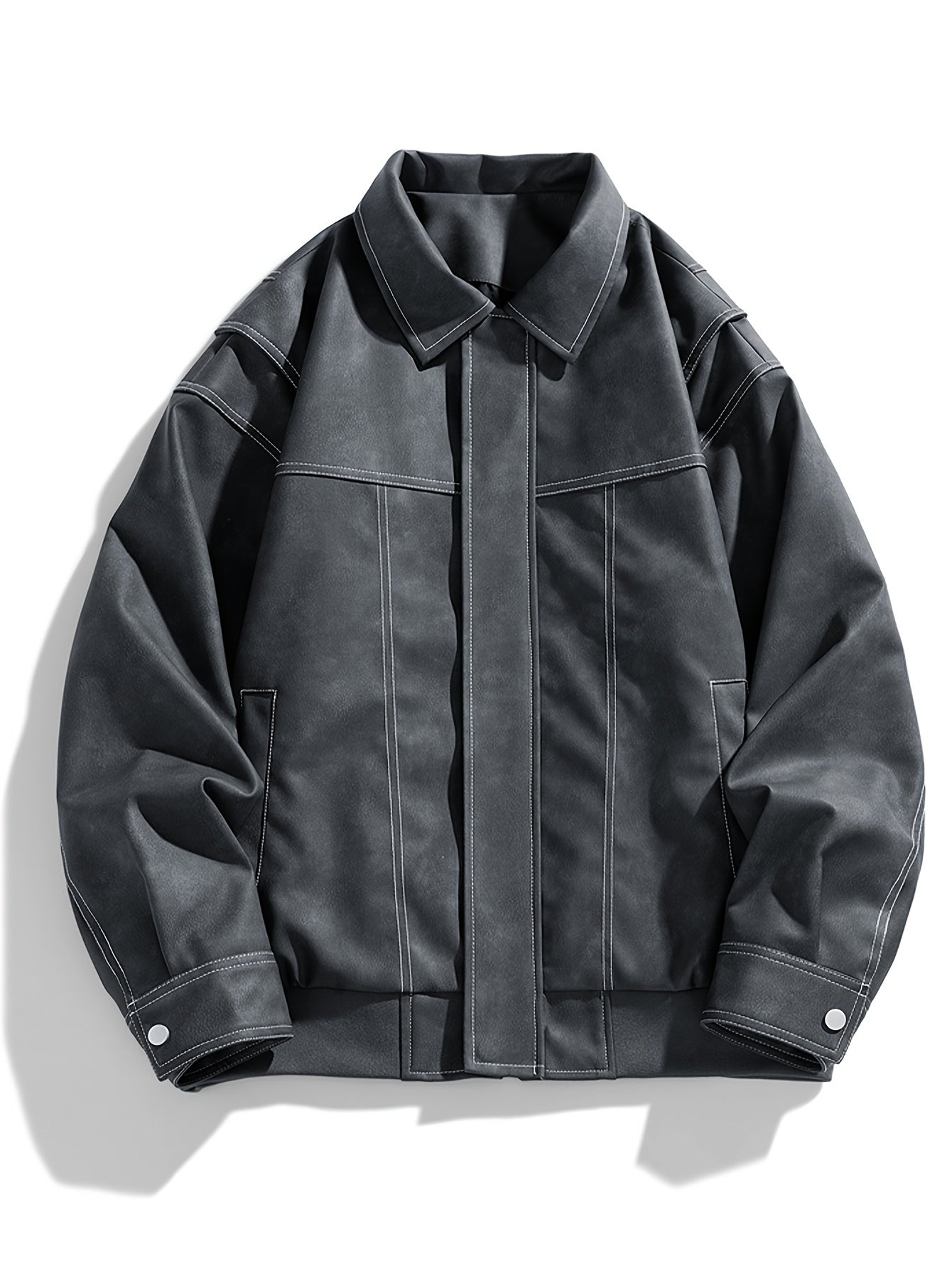 Cas | Men's Casual Faux Leather Jacket with Flap Collar & Pockets
