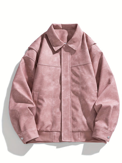Cas | Men's Casual Faux Leather Jacket with Flap Collar & Pockets