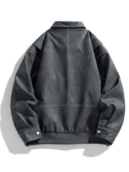 Cas | Men's Casual Faux Leather Jacket with Flap Collar & Pockets