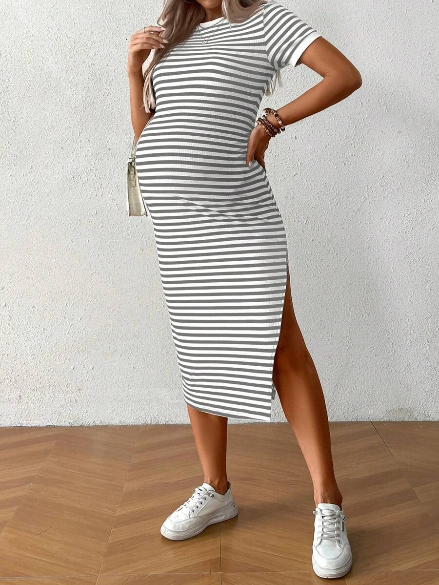 Casual Maternity Dress with Stripes and Split