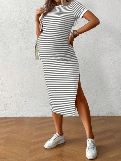 Casual Maternity Dress with Stripes and Split