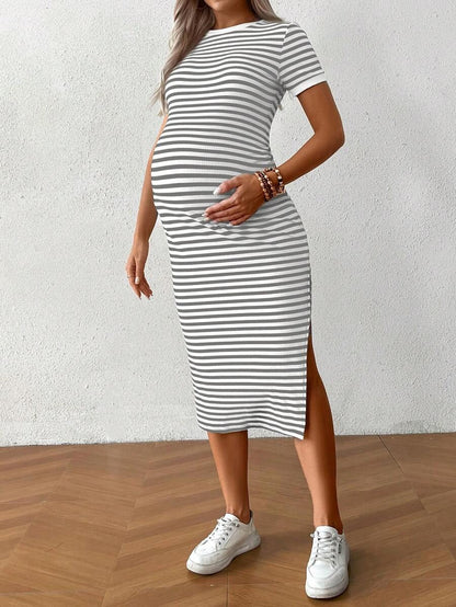 Casual Maternity Dress with Stripes and Split