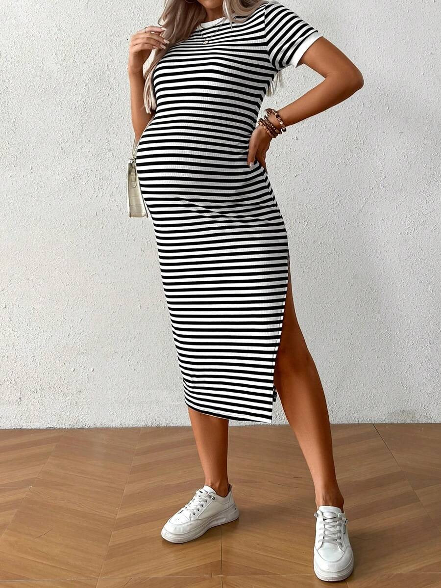Casual Maternity Dress with Stripes and Split