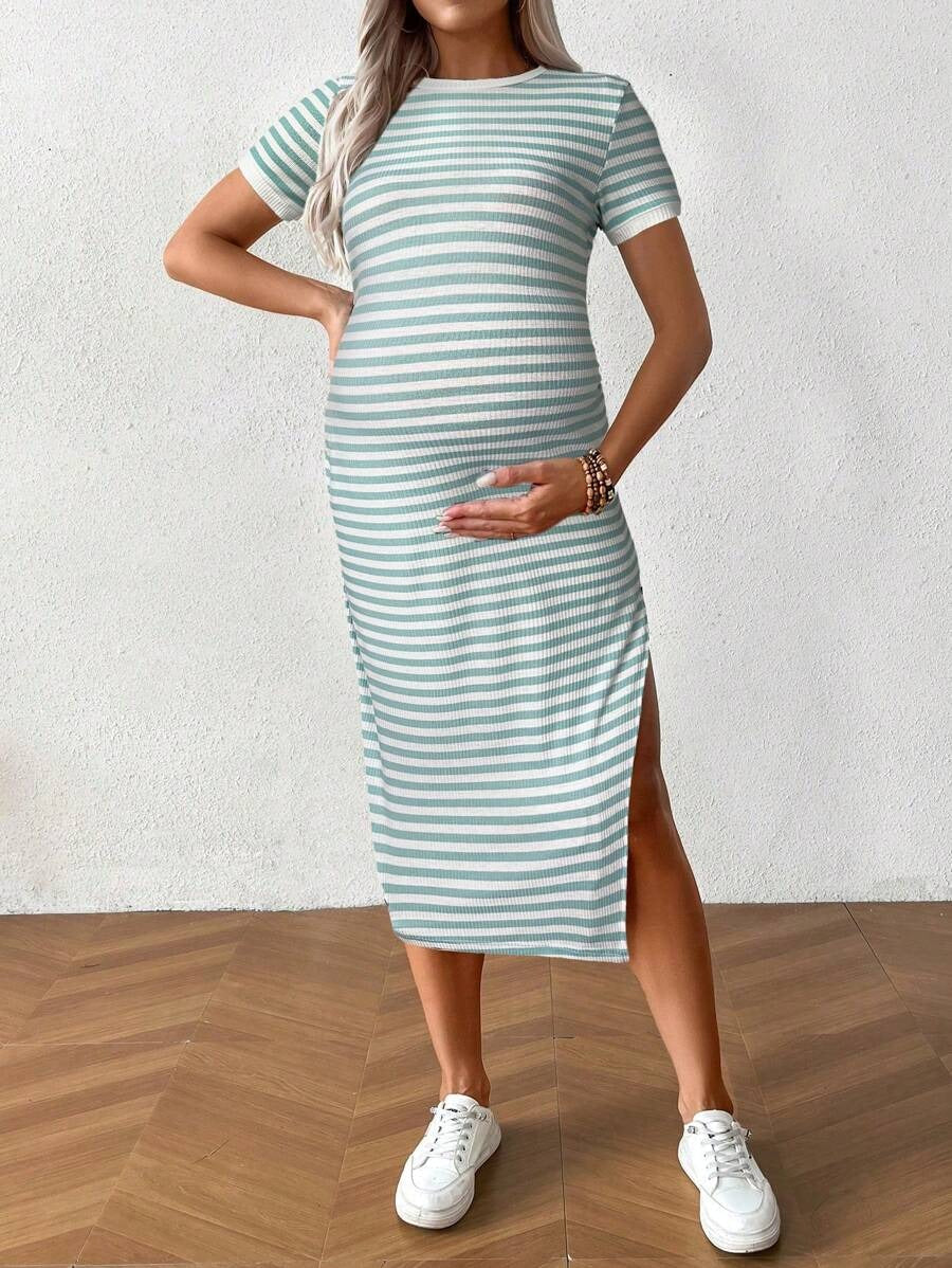 Casual Maternity Dress with Stripes and Split