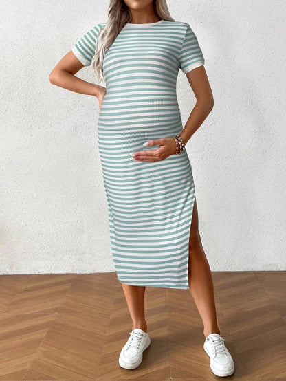 Casual Maternity Dress with Stripes and Split