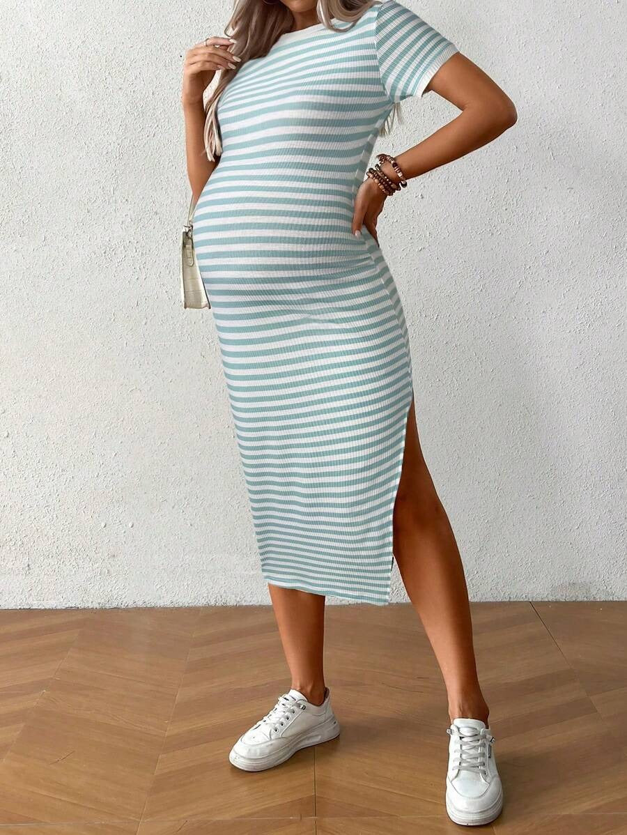 Casual Maternity Dress with Stripes and Split