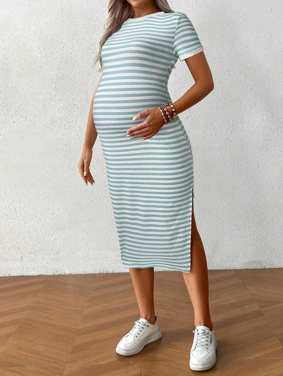 Casual Maternity Dress with Stripes and Split